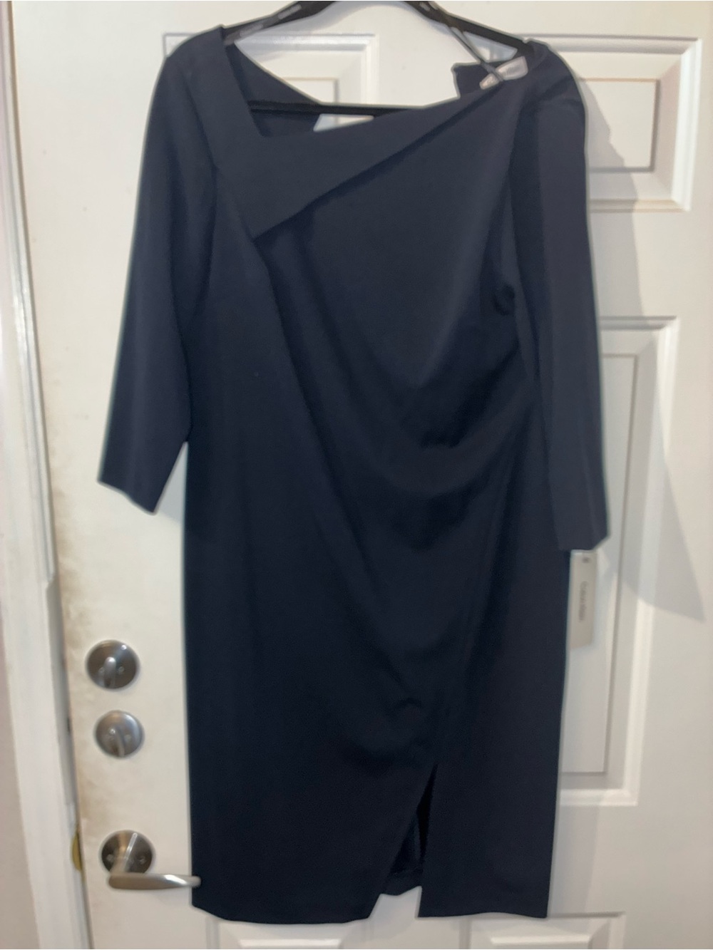 Calvin Klein Navy Asymmetric Drape Midi Dress